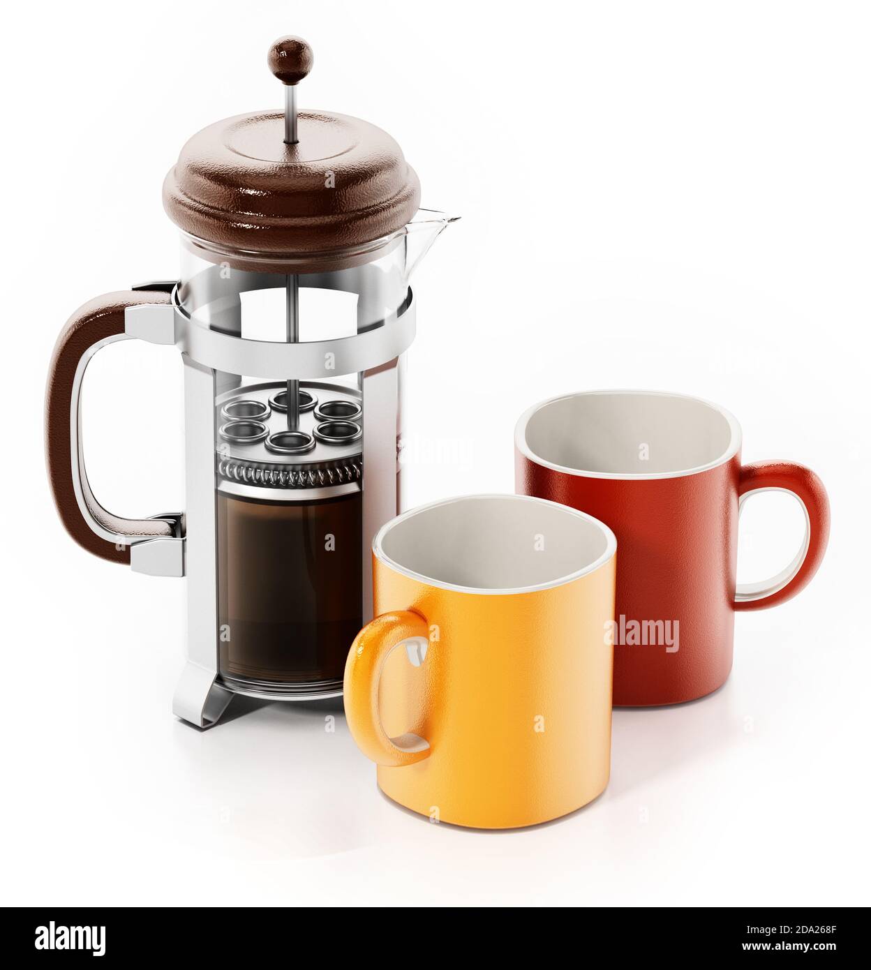 Fench Presse mit Kaffee und Tassen isoliert auf weißem Hintergrund. 3D-Illustration. Stockfoto
