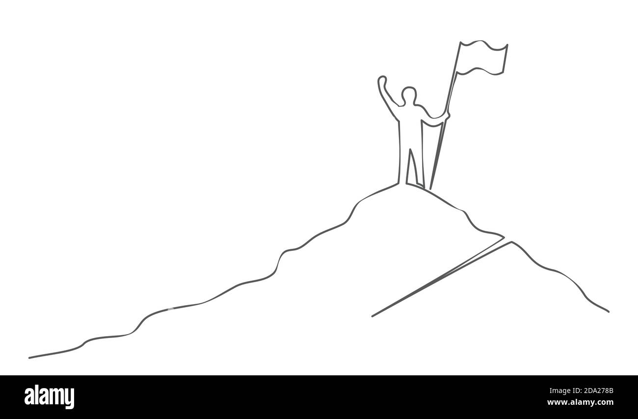 Mann mit Flagge auf Berg Erfolg Führung eine Linie Zeichnung Zielkonzept im Linienstil Stock Vektor