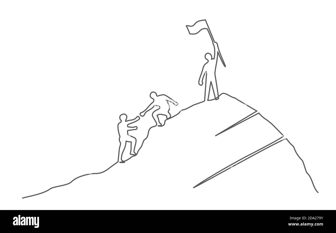 Gruppe von Menschen auf dem Berg eine Linie Zeichnung Geschäft, Teamarbeit, Erfolg, Hilfe und Ziel Konzept Stock Vektor