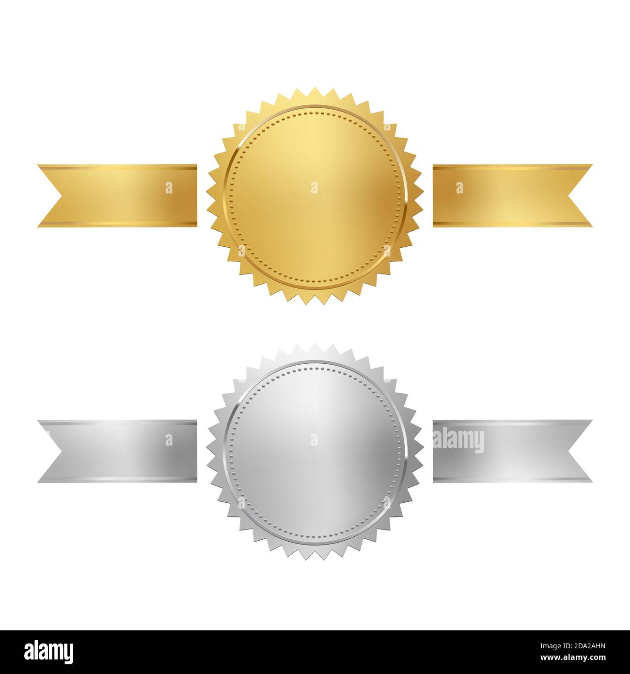 Goldene und silberne Marken mit horizontalen Bändern isoliert auf weißem Hintergrund. Luxuriöse Chromdichtungen. Vektordesign-Elemente. Stock Vektor