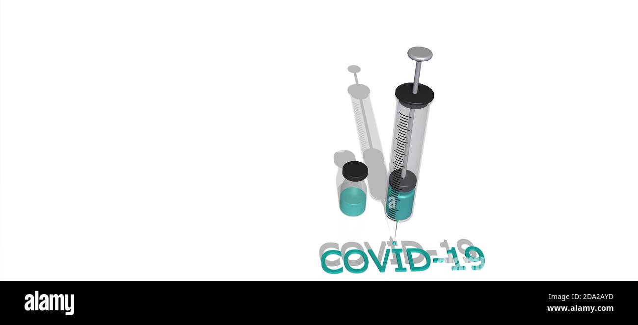 Impfstoffuntersuchung gegen die Covid-19-Pandemie. Medizinische Kunststoffspritze mit Nadel und Impfstoff. Isoliert mit Hintergrund. 3D-Rendering. Stockfoto