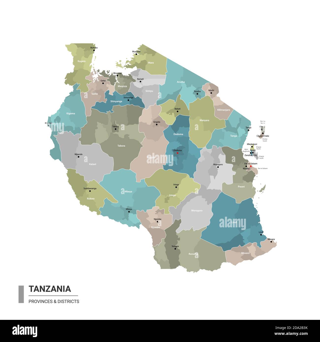 Tansania hat detaillierte Karte mit Unterteilungen. Verwaltungskarte von Tansania mit Bezirken und Stadtnamen, farbig nach Bundesstaaten und verwaltungsbezirken Stock Vektor