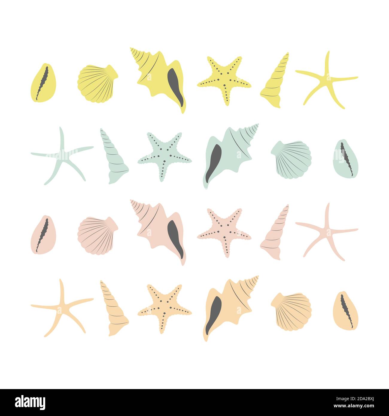 Handgezeichnetes Set aus flachen Boho Pastell Muscheln und Sterne in verschiedenen Farben. Stock Vektor