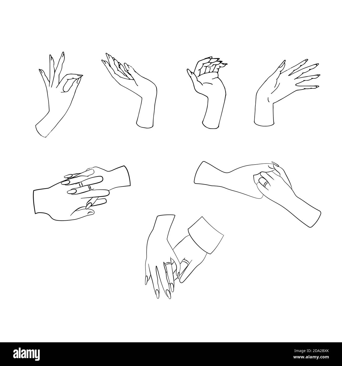 Elegante Hand gezeichnet Linie Kunst Hände Gesten Clipart set. Paar hält Hände mit Eheringen. Isoliert auf weißem Hintergrund. Stock-Vektor Stock Vektor
