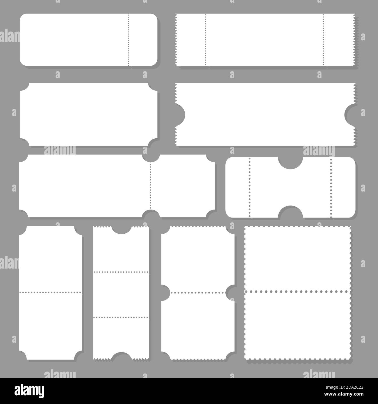 Leere Ticket-Vorlage. Konzertkarten für das Festival, Gutscheinkarten aus weißem Papier und ein Kino sind auf einem Blatt erhältlich. Event-, Theater- oder Lotterielose isoliert Stock Vektor
