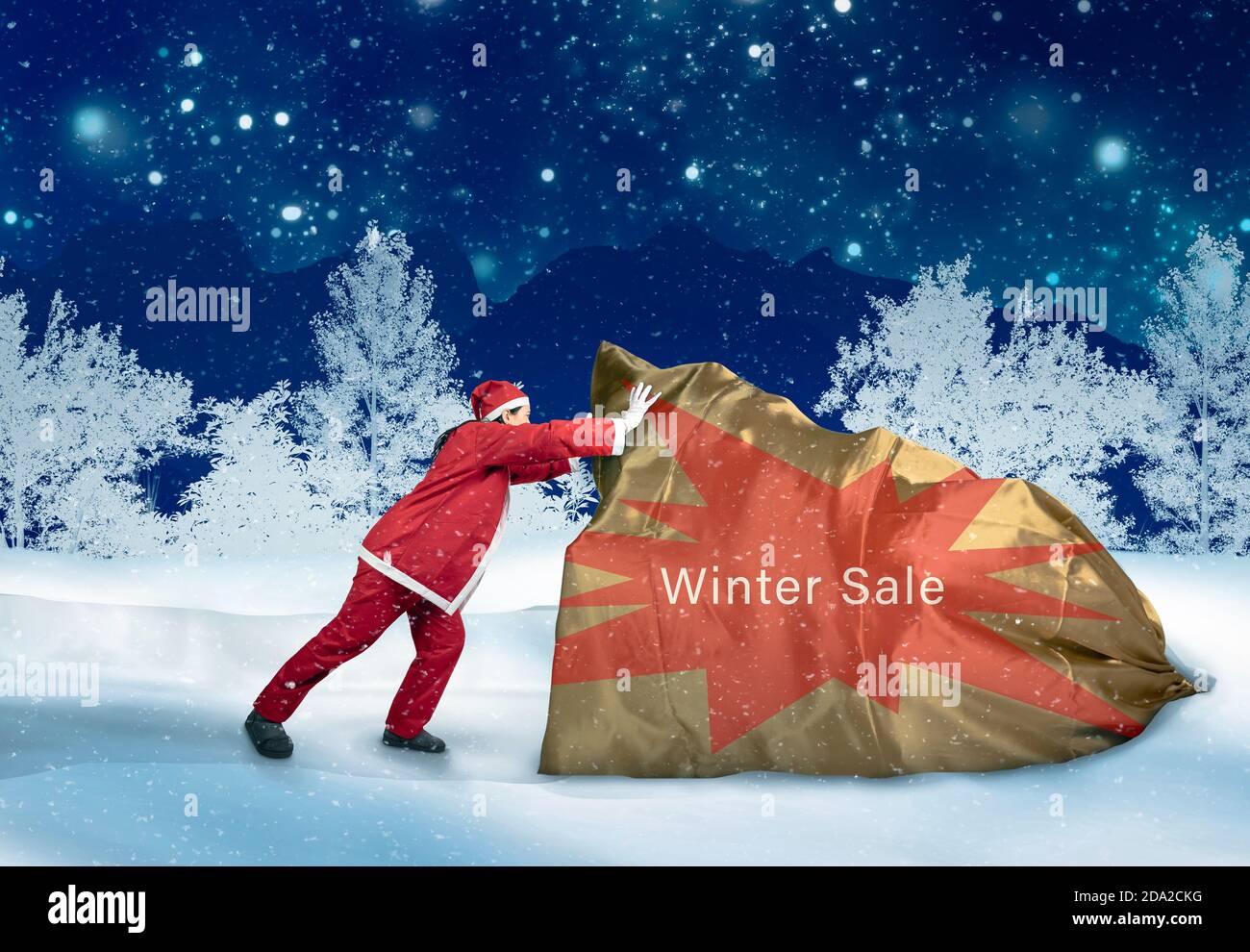 Winter Verkauf Vorlage für Weihnachtsverkäufe mit elf schieben groß Sack Stockfoto