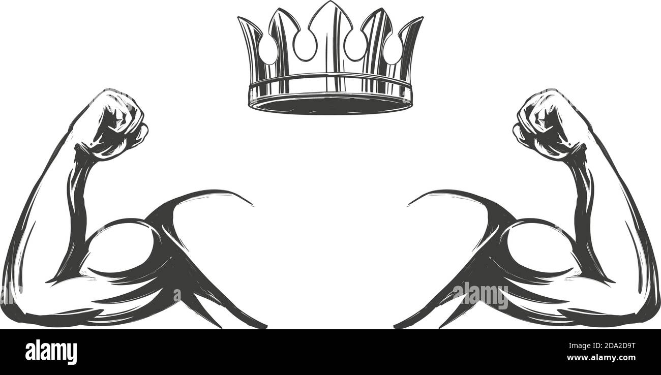 Arm, Bizep, starke Hand und Krone Symbol Cartoon Symbol Hand gezeichnet Vektor Illustration Skizze Stock Vektor