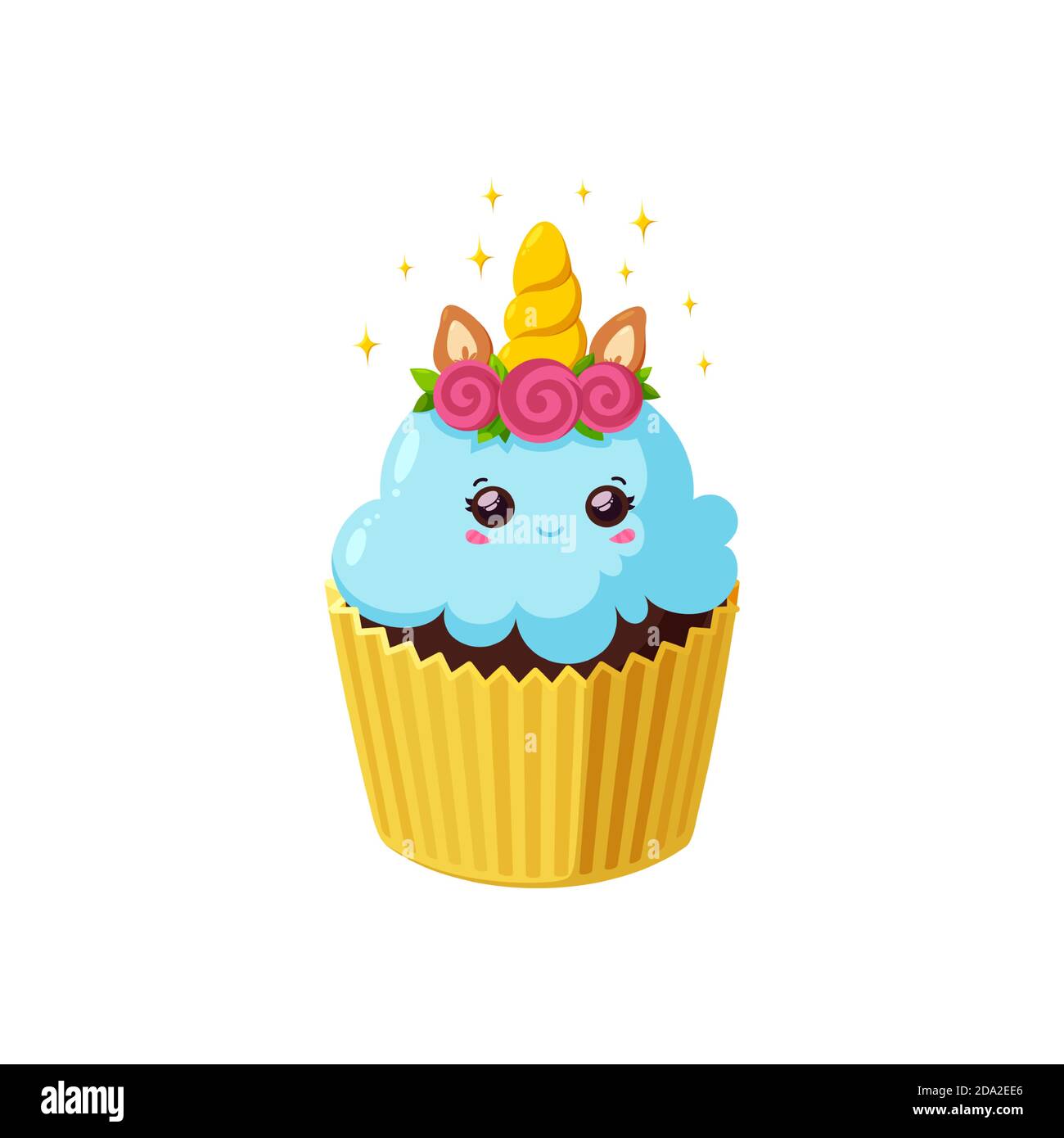 Einhorn Cupcake mit glänzendem Glasur. Fairy Kawaii Kuchen in Papierbecher. Leckeres Dessert mit Horn, Augen, Blumen und Ohren. Vektor-Illustration in niedlichen Cartoon Stock Vektor