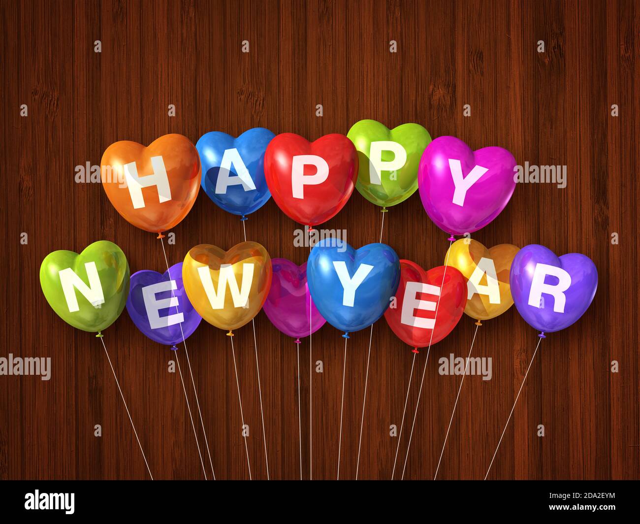 Bunte glückliches neues Jahr Herz geformte Luftballons auf einem dunklen Holzhintergrund. 3D-Darstellung rendern Stockfoto