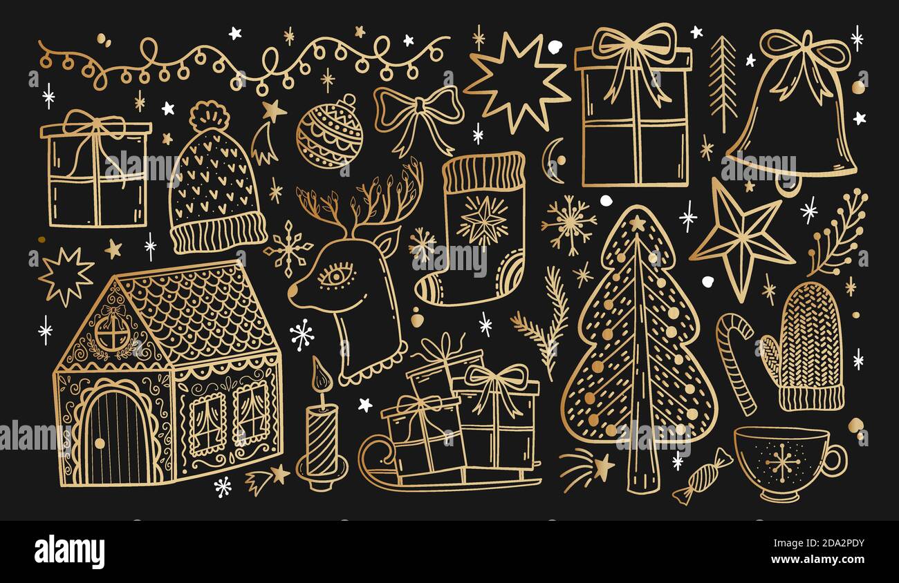 Frohe Weihnachten Doodle handgezeichnetes Set. Frohes neues Jahr Skizze Kollektion. Isolierte Elementdekoration. Stock Vektor