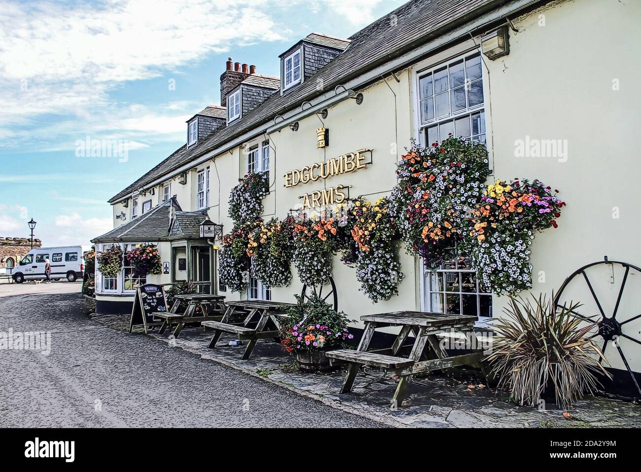 Foto-Illustration des Edcumbe Arms, einem traditionellen öffentlichen Haus und Restaurant ar Cremyll am Ufer des Flusses Tamar in Cornwall Stockfoto