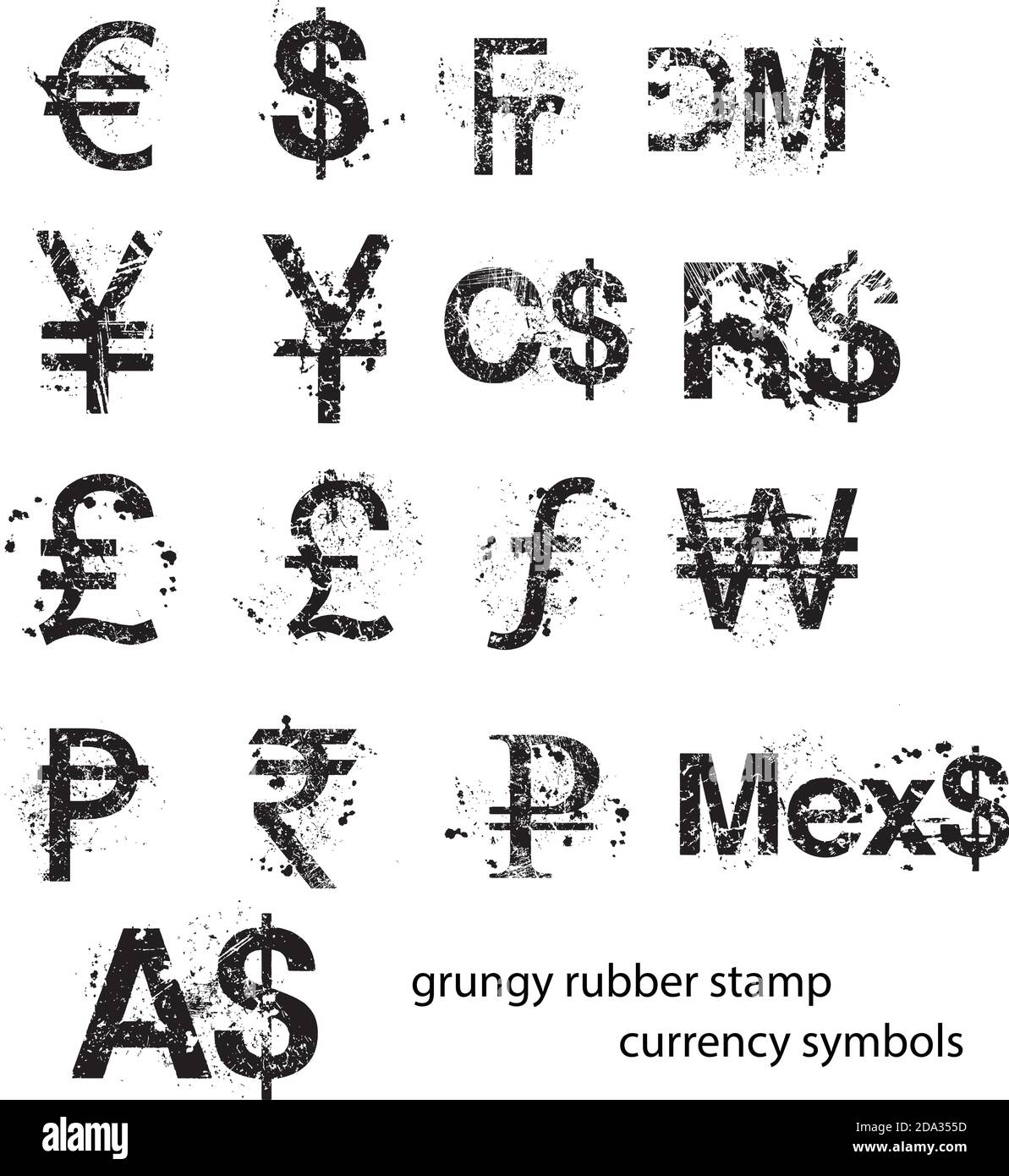 Grungy Gummi Stempel Währung Zeichen Symbole gesetzt, Vektor. Stock Vektor