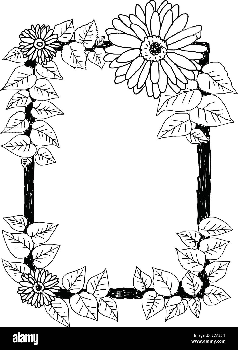 Handgezeichnete Gänseblümchen und Blätter Rahmen auf dem weißen Hintergrund, Vektor-Illustration Stock Vektor