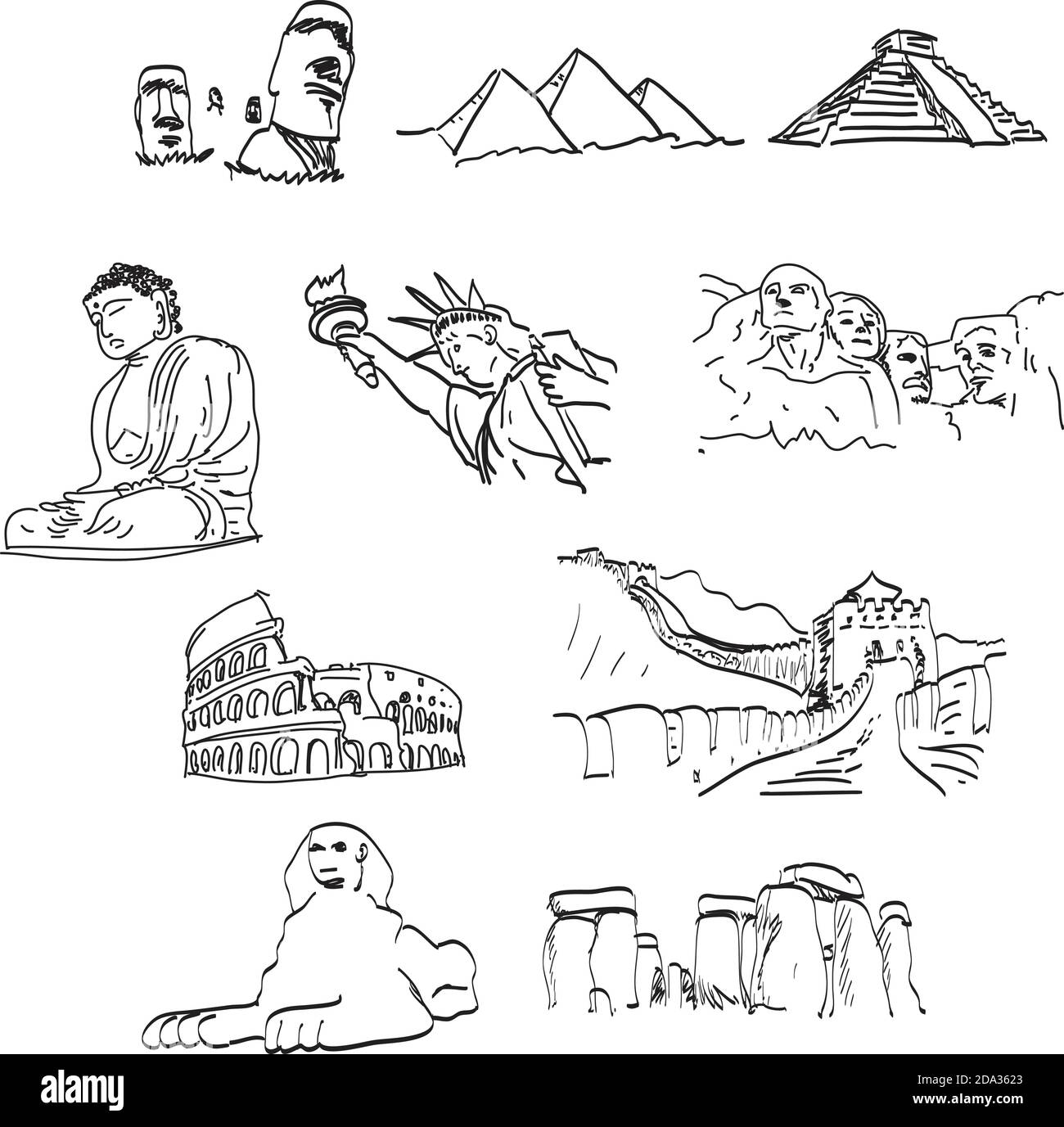 Satz von Lieblings-Orientierungspunkte Vektor-Illustration Skizze Doodle Hand gezeichnet Mit schwarzen Linien isoliert auf weißem Hintergrund Stock Vektor