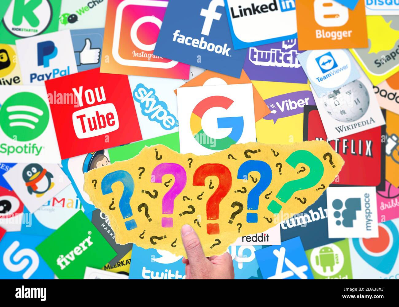 Social Media: Fragezeichen, Social Media Hintergrund Stockfoto