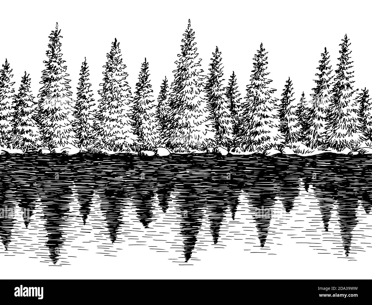FIR Wald Fluss Reflexion Grafik schwarz weiß Landschaft Skizze Illustration vektor Stock Vektor
