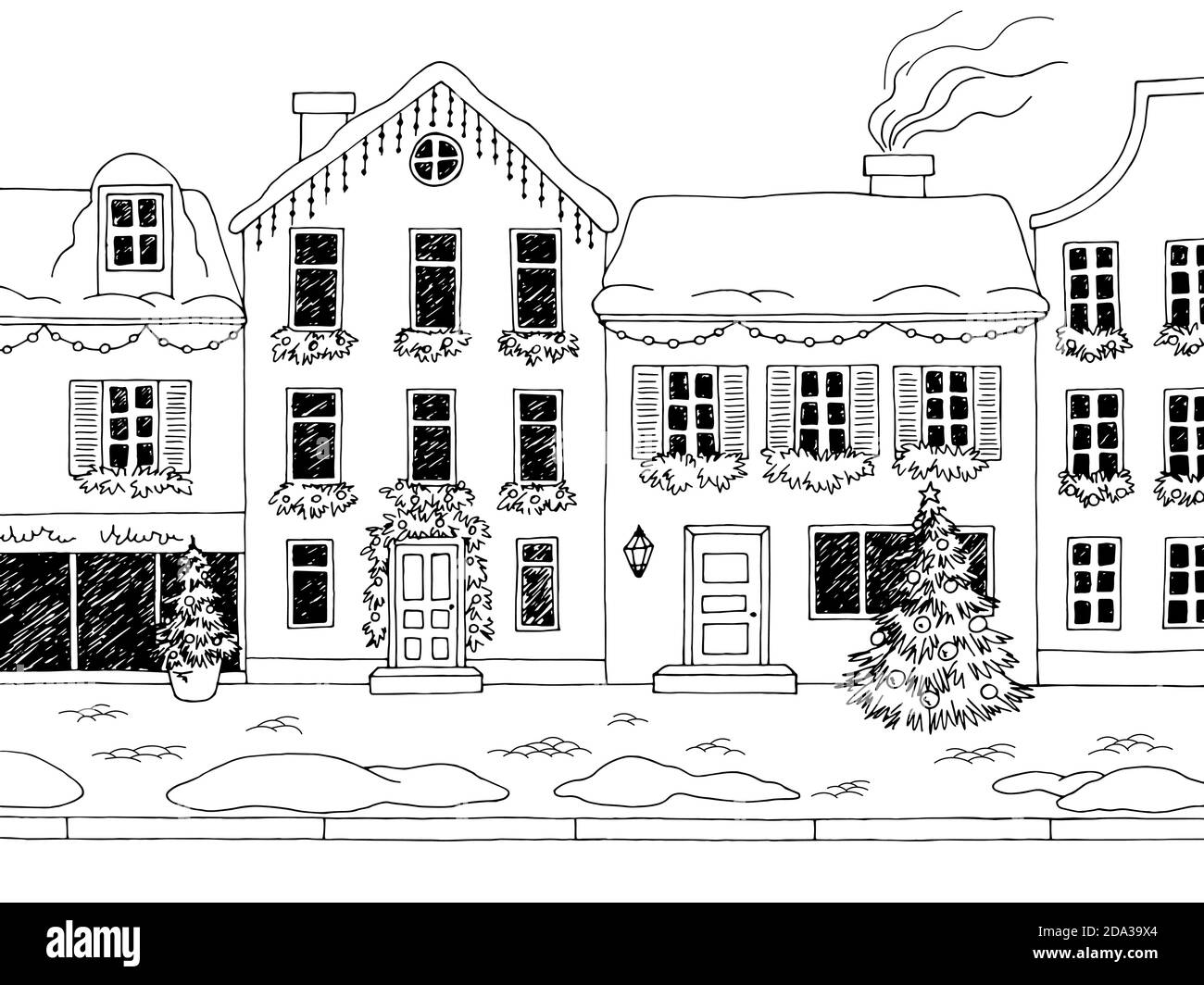 Weihnachten Straße Haus außen Winter Grafik schwarz weiß Landschaft Skizze Illustrationsvektor Stock Vektor