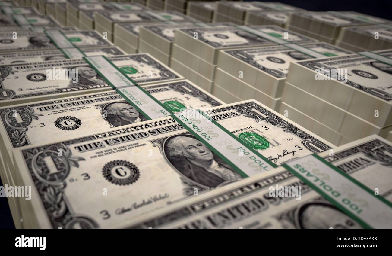 Dollar Money Pack 3d-Illustration. Ein USD-Banknotenbündel. Konzept der Finanzen, Bargeld, Wirtschaftskrise, Geschäftserfolg, Rezession, Bank, Steuer und Stockfoto