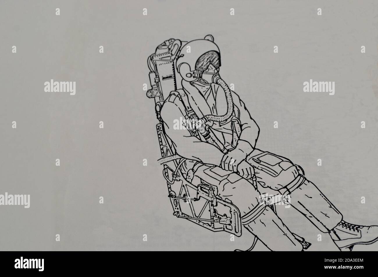 Auswurfsitz von Militärflugzeugen in Zeichnung auf Papierbogen, handgezeichnet, in Draufsicht Stockfoto