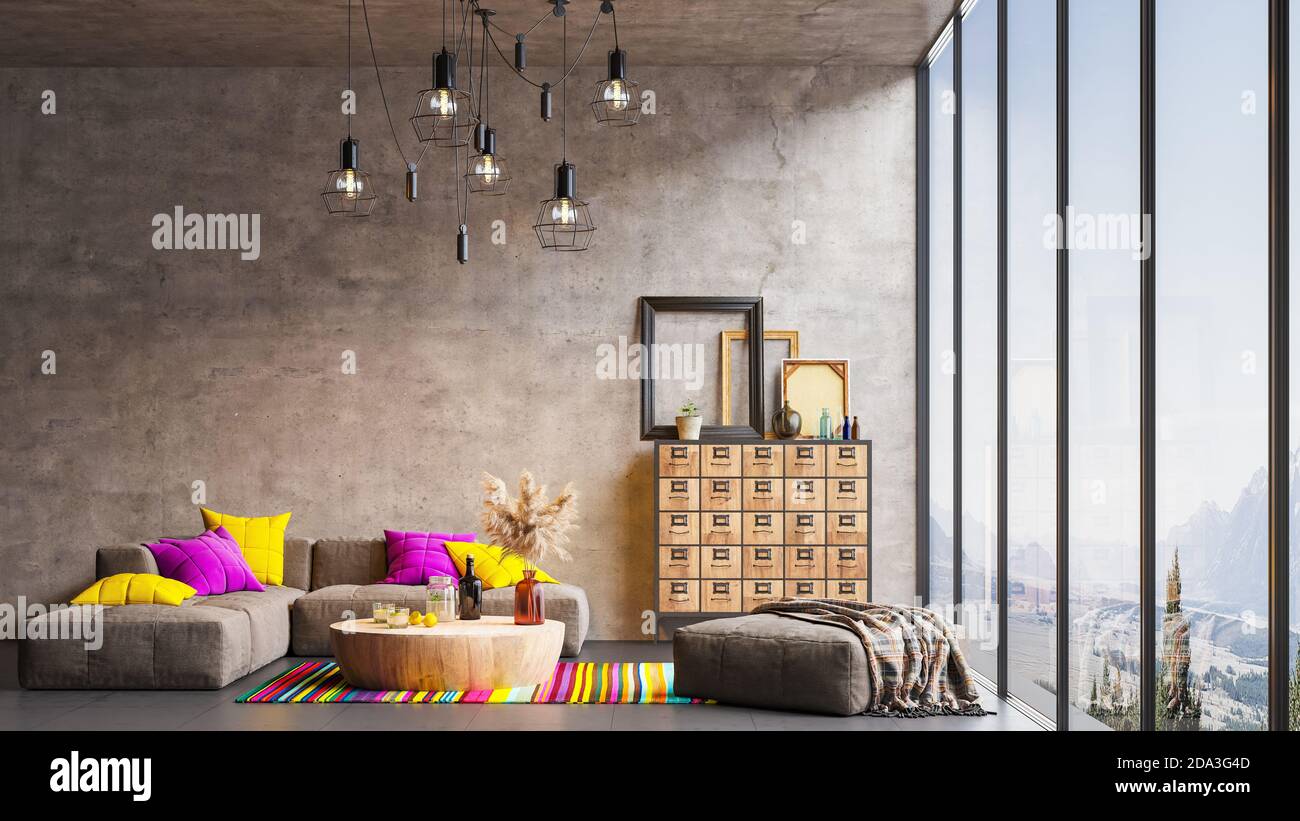 Moderne Innenarchitektur eines Wohnzimmers in einer Wohnung, Haus, Büro, ein bequemes Sofa, helle moderne Inneneinrichtung Details und Licht aus dem Fenster ein Stockfoto