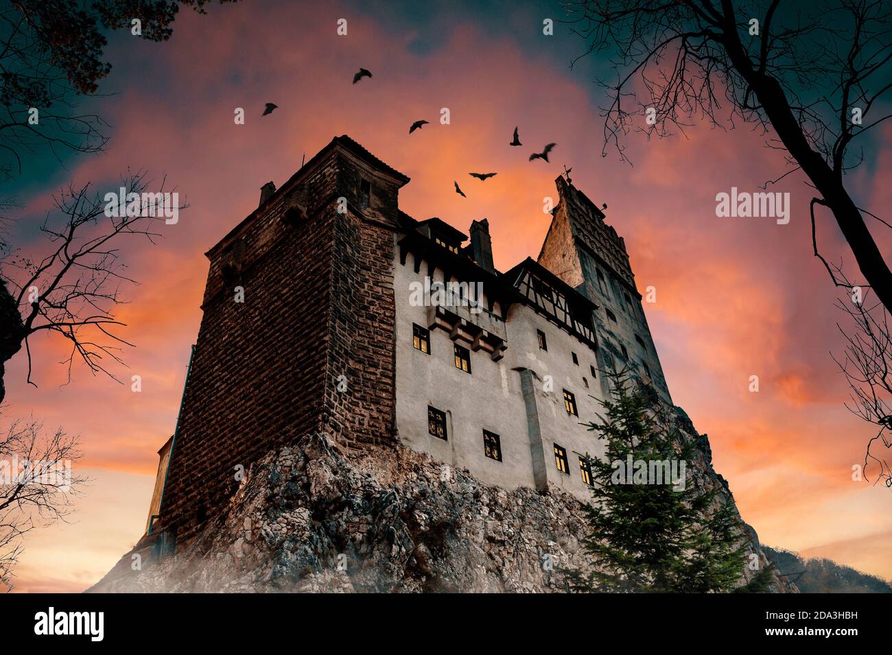 Bran Castle Museum (Dracula's Castle) mit Fledermäuse, in der Nähe von Brasov, Siebenbürgen, Rumänien. Bekannt als das Schloss von Dracula. Gruseliges Äußeres bei Sonnenuntergang Stockfoto