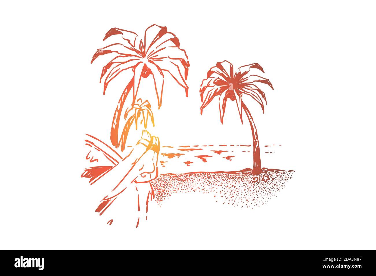 Tourist ruht auf exotischen Sandstrand, Entspannung am sonnigen Meer, Sommerurlaub, Urlaub Erholung Stock Vektor