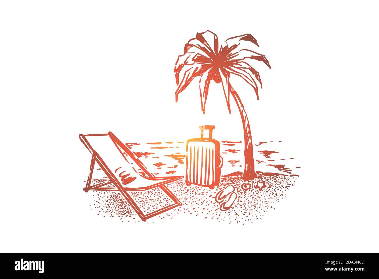 Sommertourismus, Urlaub, Palmen am sonnigen Strand, Tasche, Chaiselongue und Slipper am Meer Stock Vektor