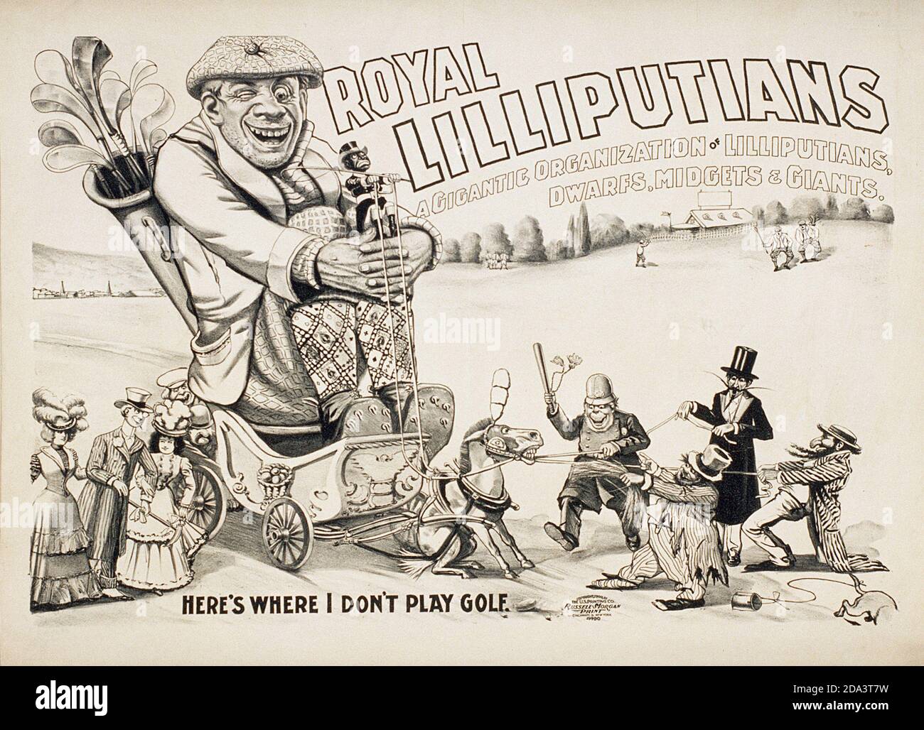 Illustration: Royal Lilliputans Golfspieler, 'Here's Where I Don't Play Golf' EINE gigantische Organisation von Lilliputans, Zwergen, Zwergen & Riesen Stockfoto