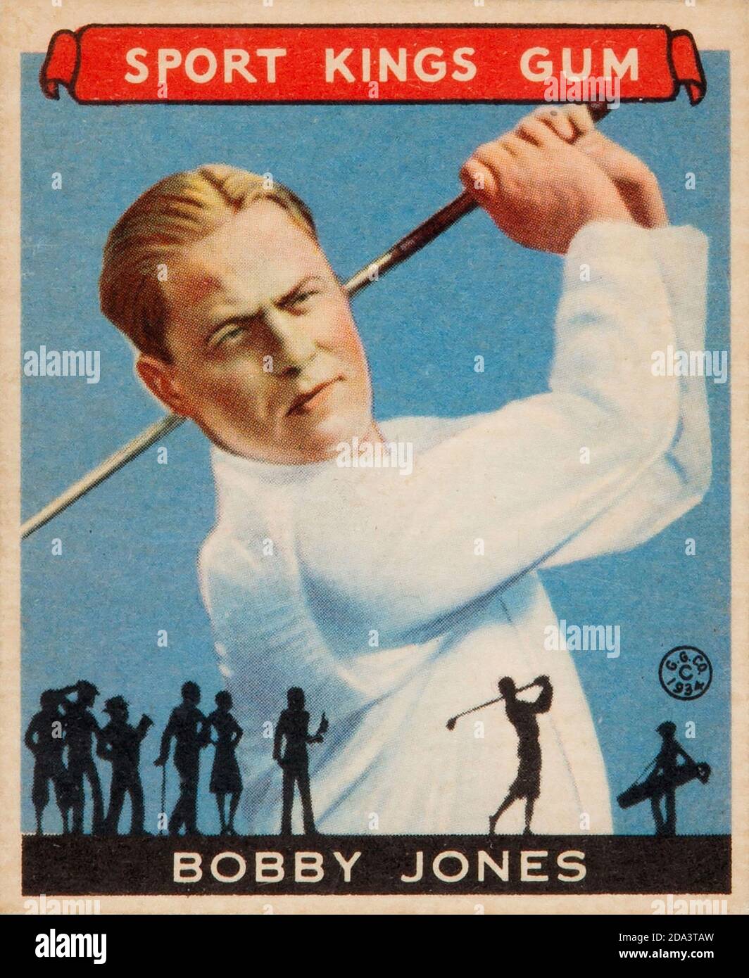Bobby Jones, Sport Kings Gum, Karte. Bobby schwingt den Golfschläger und Silhouetten von Golfspielern im Boden. Stockfoto