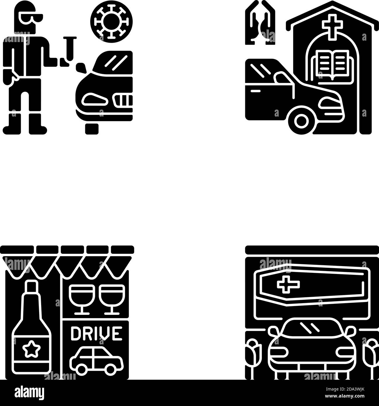 Drive-Thru-Dienste: Schwarze Glyphen-Symbole auf weißem Raum Stock Vektor