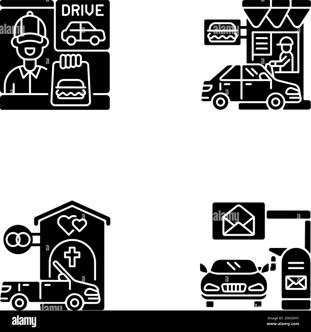 Auto in Drive-Thru-Lane schwarz Glyph Symbole auf gesetzt Leerraum Stock Vektor