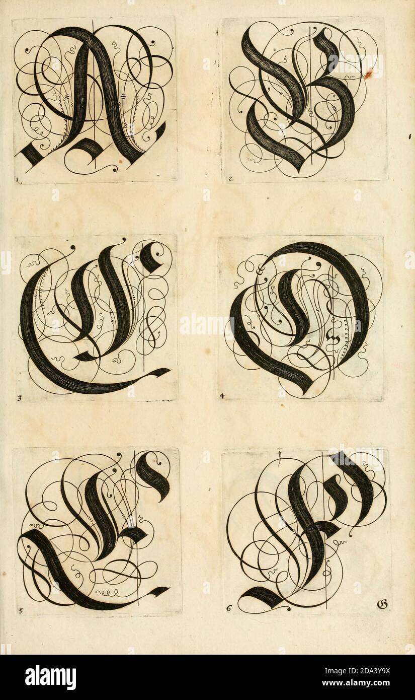 Brief und Ornamente von 1655, Kalligraphie, Design, Tinte, Pinsel, Schreiben Stockfoto