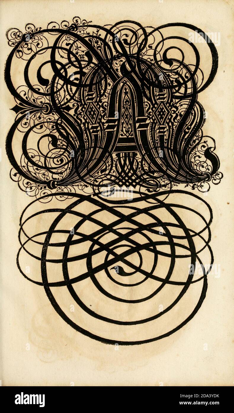 Brief und Ornamente von 1655, Kalligraphie, Design, Tinte, Pinsel, Schreiben Stockfoto