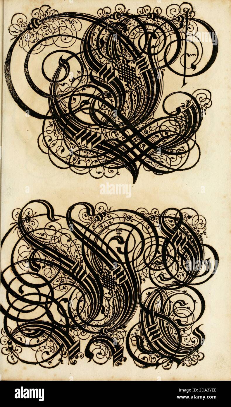 Brief und Ornamente von 1655, Kalligraphie, Design, Tinte, Pinsel, Schreiben Stockfoto