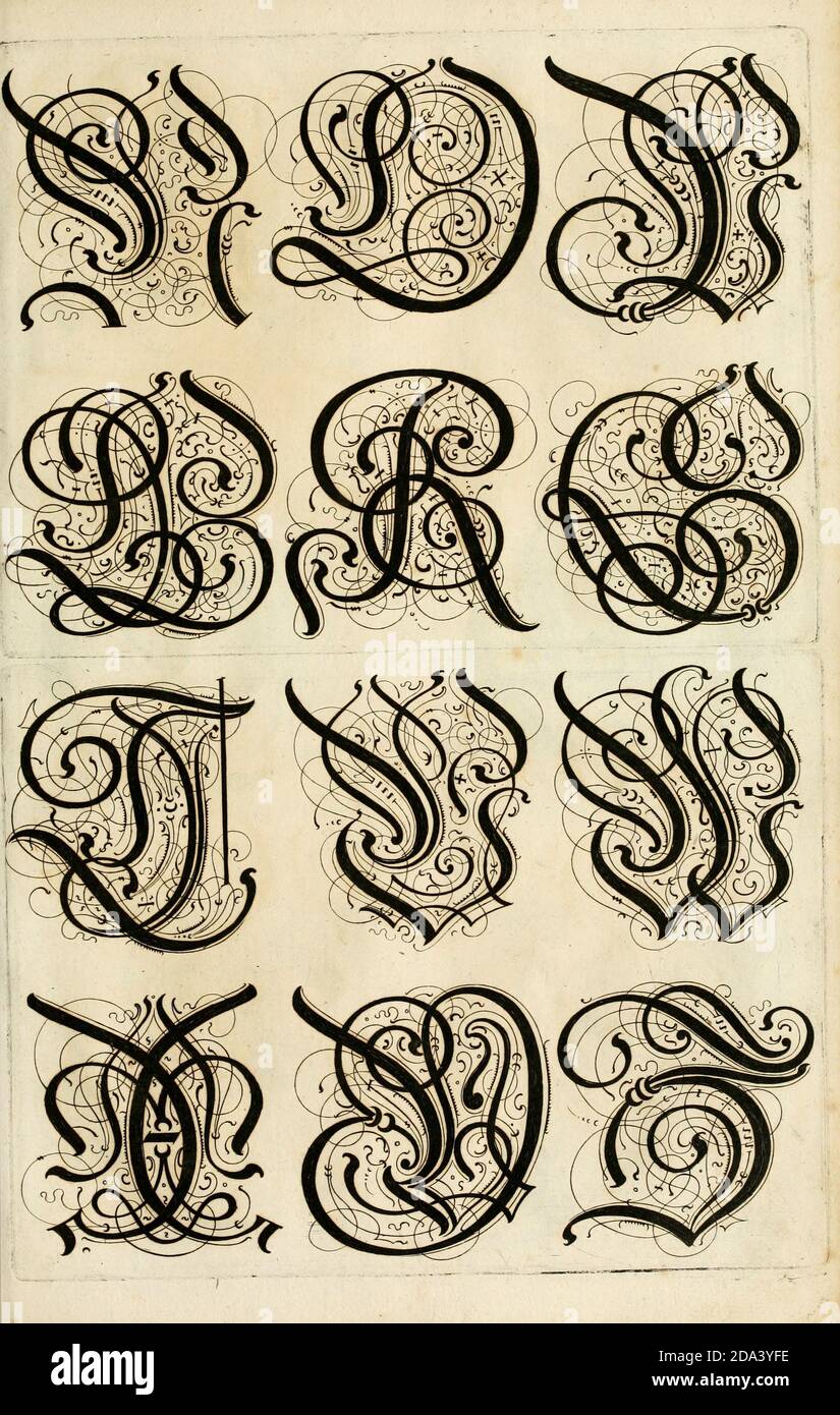 Brief und Ornamente von 1655, Kalligraphie, Design, Tinte, Pinsel, Schreiben Stockfoto