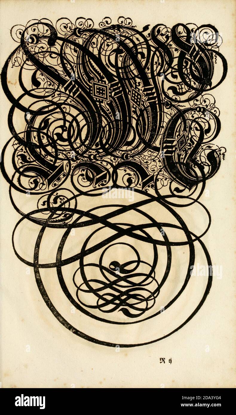 Brief und Ornamente von 1655, Kalligraphie, Design, Tinte, Pinsel, Schreiben Stockfoto