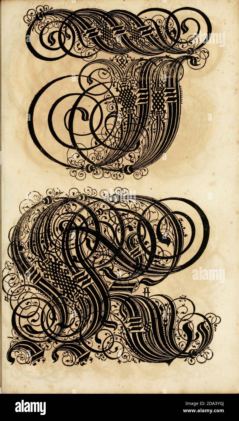 Brief und Ornamente von 1655, Kalligraphie, Design, Tinte, Pinsel, Schreiben Stockfoto