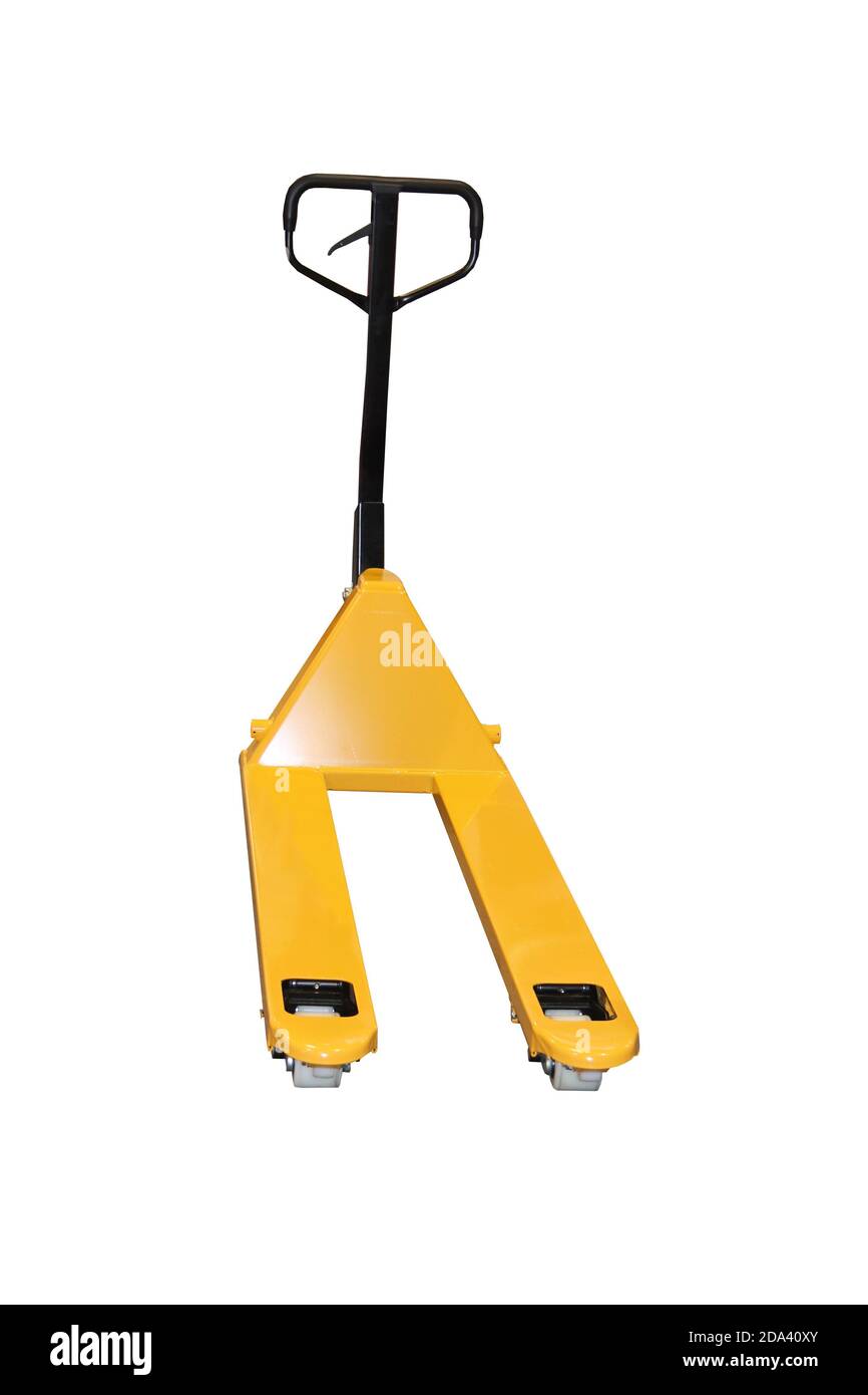 Ein langer Gabelstapler mit Handpumpe und Gabelstapler. Stockfoto
