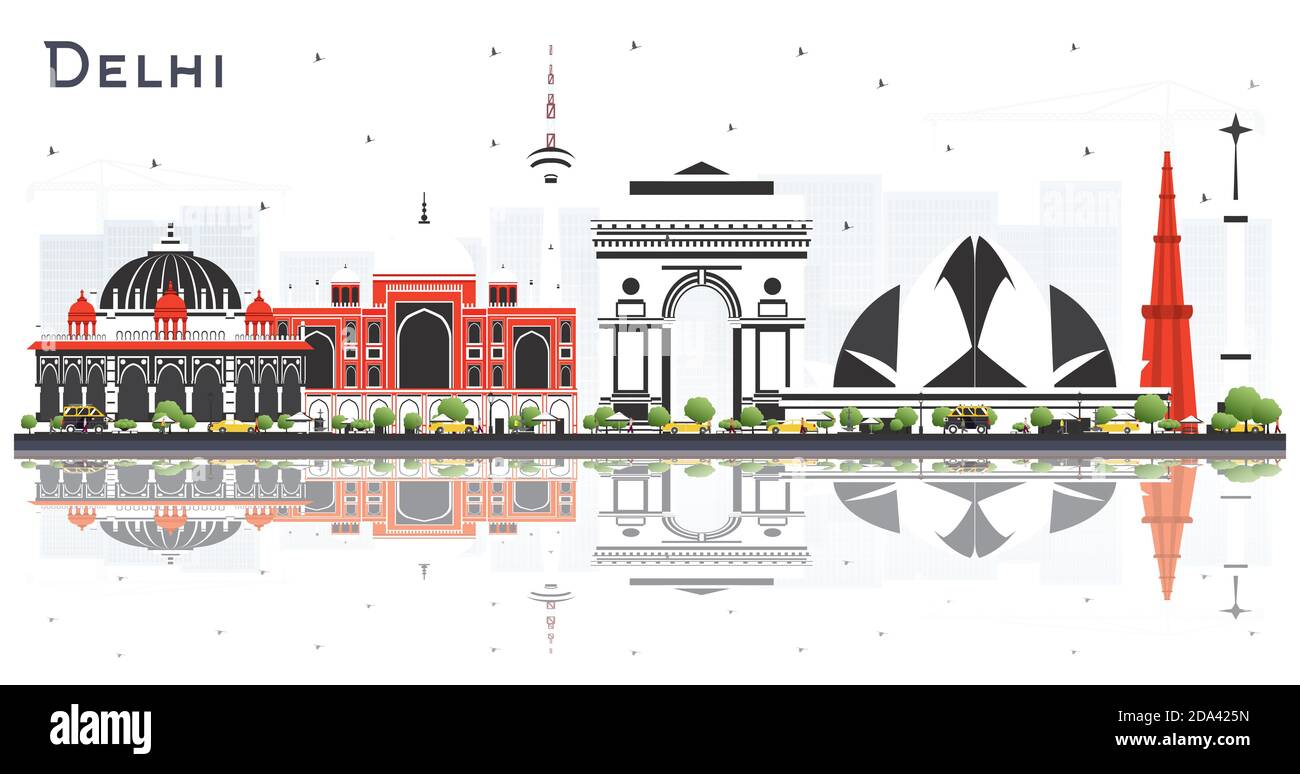 Delhi India City Skyline mit farbigen Gebäuden und Reflexionen isoliert auf weißem Hintergrund. Vektorgrafik. Stock Vektor