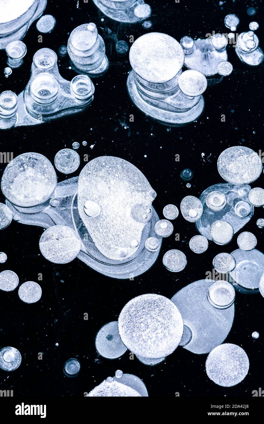 Form und Details von Methanblasen im Eis während gefangen Ein kalter Winter Stockfoto