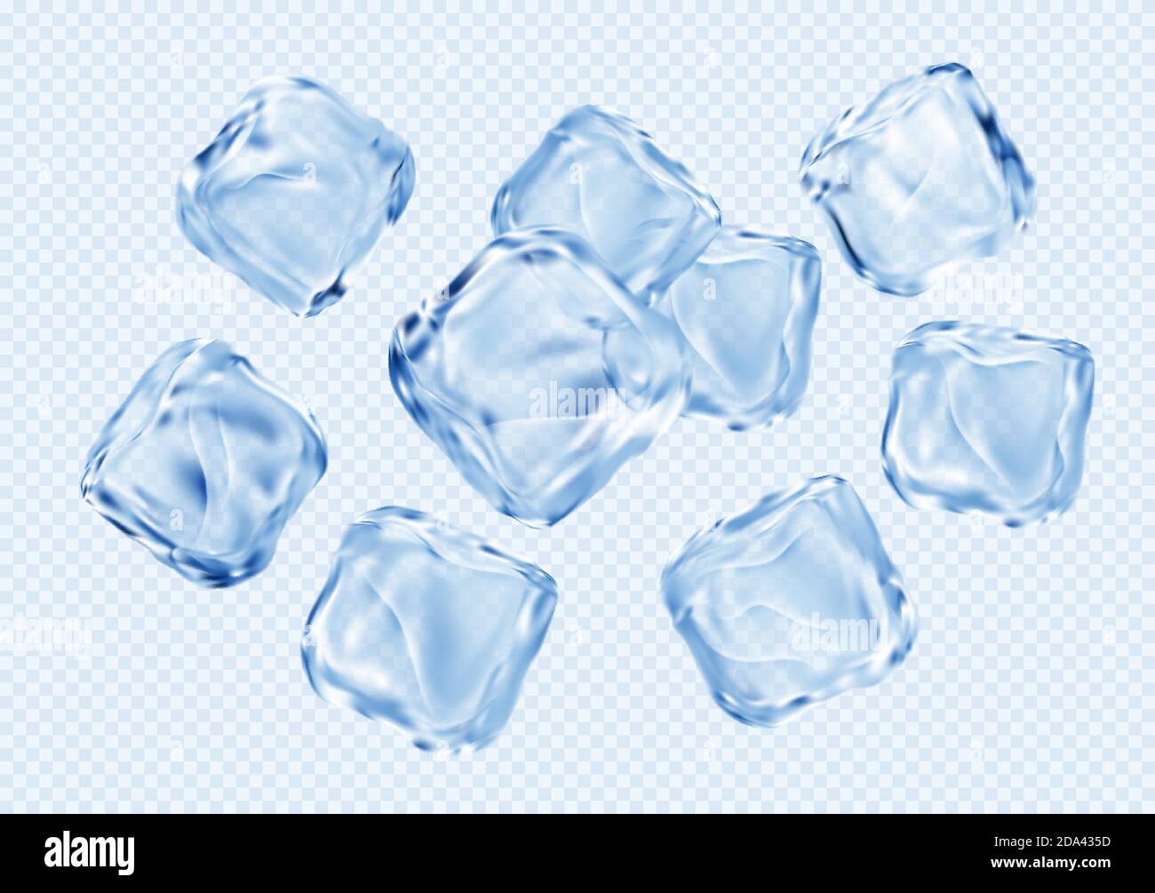 Set aus durchsichtigen Eiswürfeln isoliert auf hellblauem transparentem Hintergrund. Vektorgrafik Stock Vektor