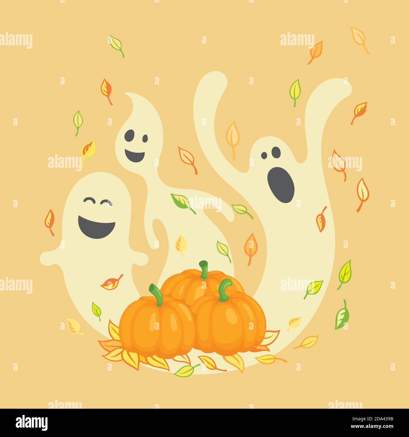 Illustration für Halloween. Kürbisse, Geister und Herbstblätter. Stock Vektor