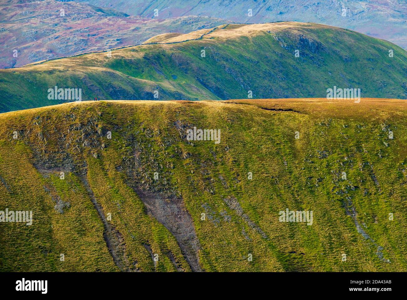 Gray Crag und Hartsop Dodd von der High Street in den östlichen Fjells des Lake District National Park, Cumbria, UK. Kleine Figuren von Spaziergängern sichtbar Stockfoto
