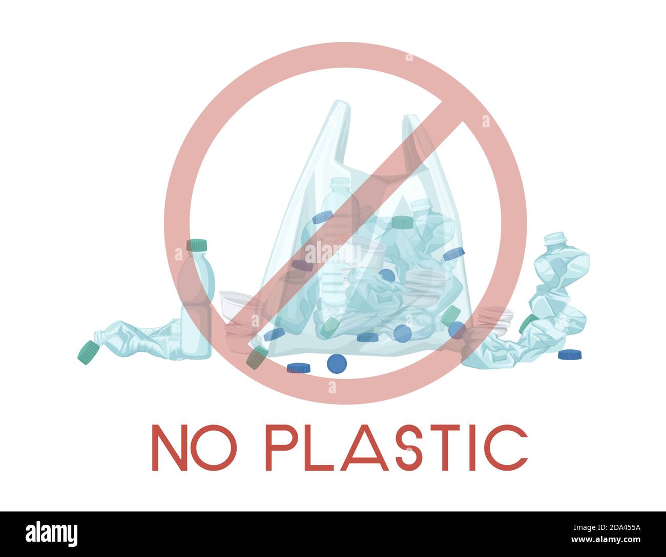 Plastiktüte mit Plastikflasche Abfall KEIN PLASTIKSCHILD flach vektorgrafik auf weißem Hintergrund Stock Vektor