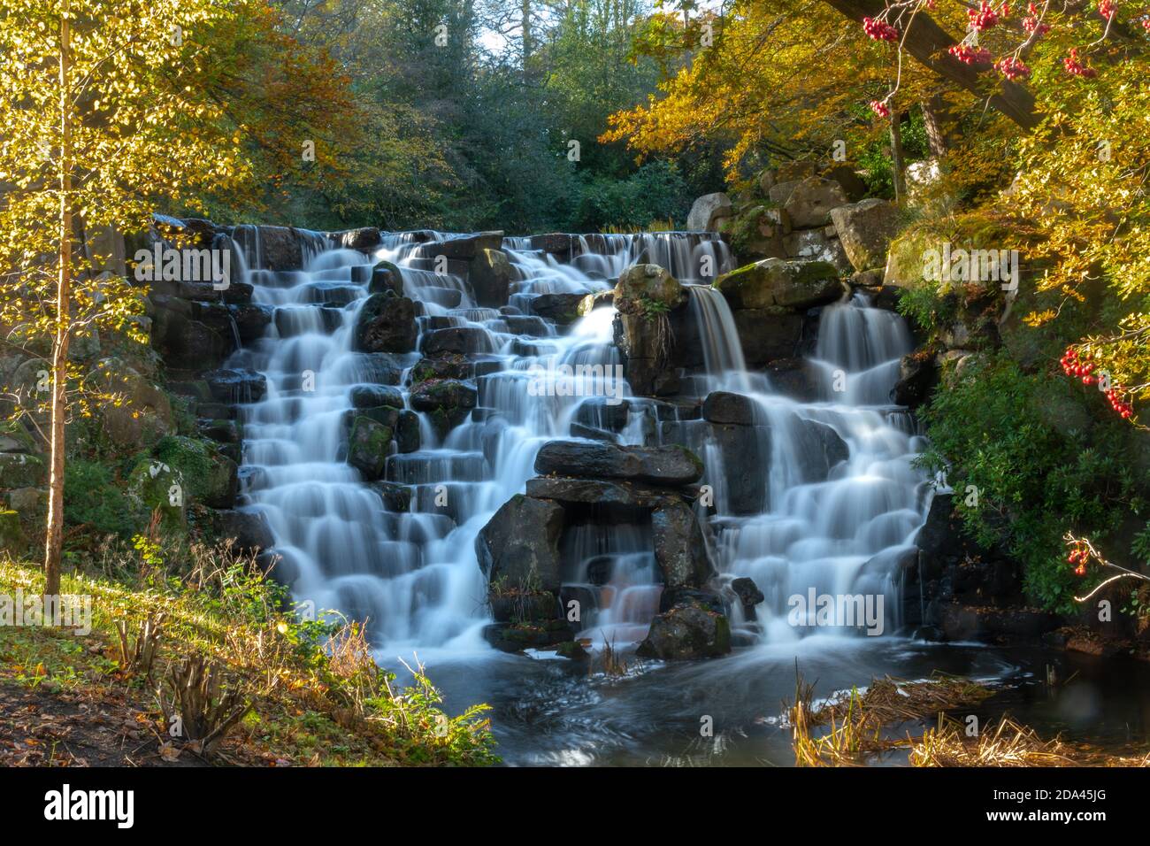 Die Zierkaskade oder der Wasserfall am Virginia Water Lake im Windsor Great Park im Herbst, England, Großbritannien Stockfoto