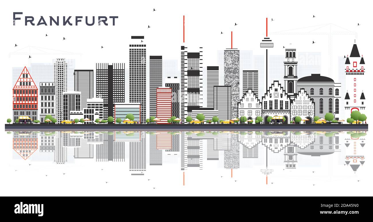 Frankfurt City Skyline mit farbigen Gebäuden und Reflektionen isoliert auf Weiß. Vektorgrafik. Reise- und Tourismuskonzept. Stock Vektor