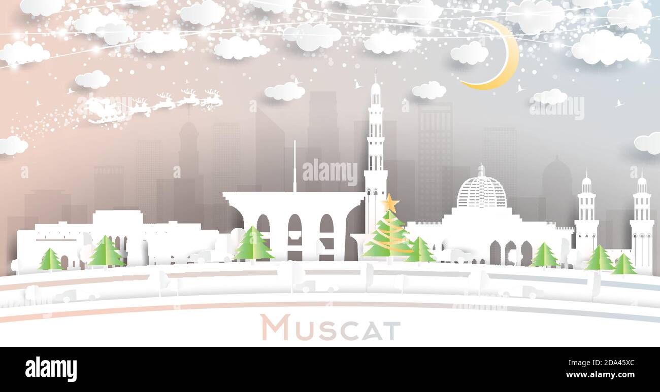Muscat Oman City Skyline in Paper Cut Style mit Schneeflocken, Mond und Neon Girlande. Vektorgrafik. Weihnachts- und Neujahrskonzept. Weihnachtsmann. Stock Vektor