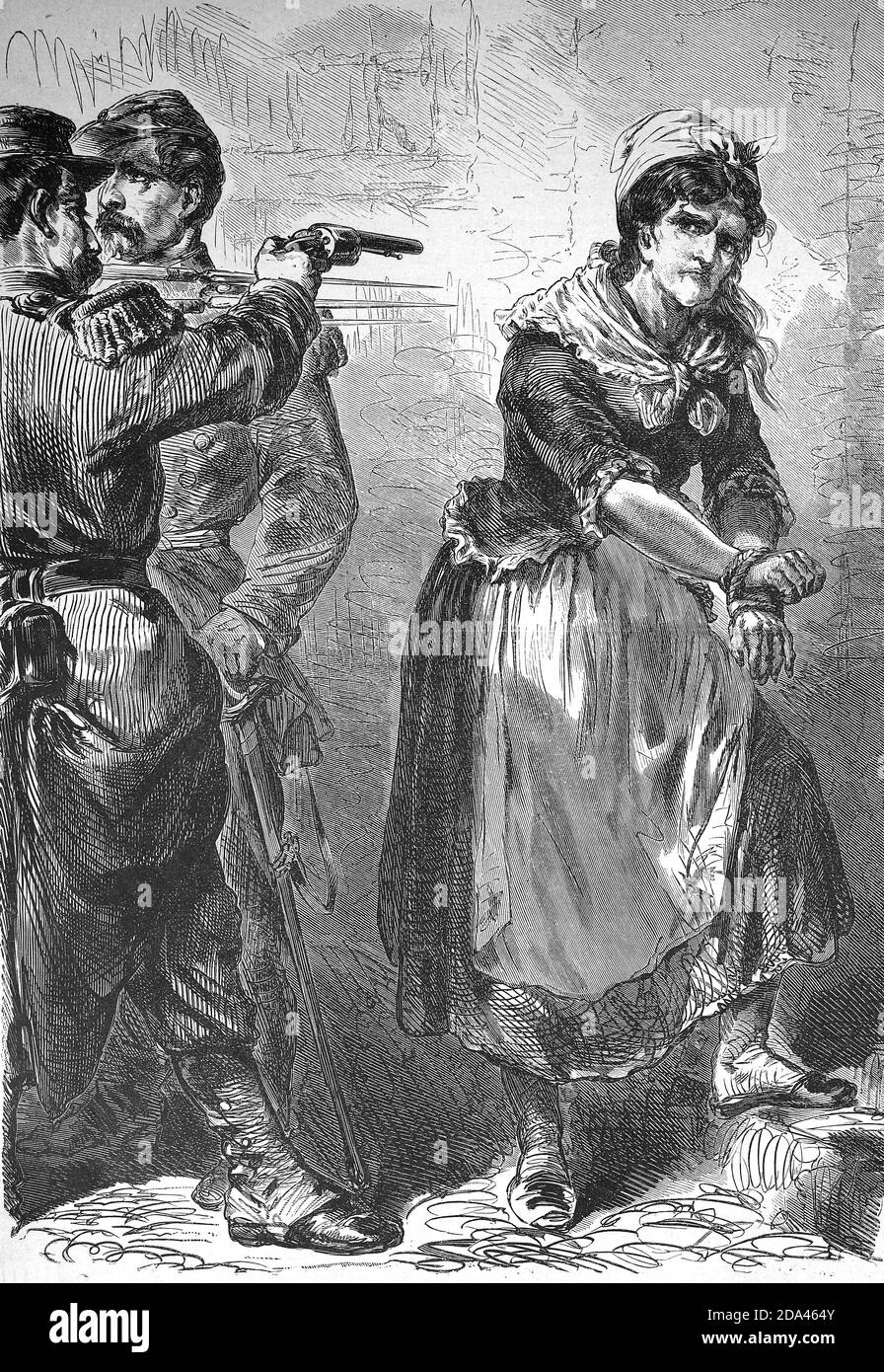 Hinrichtung auf der Straße nach Einnahme von Paris, Frau wird von einem Soldaten erschossen, Deutsch-Französischer Krieg, 1871, Frankreich / Exekution auf der Straße nach der Einnahme von Paris, Frau wird von einem Soldat erschossen, Deutsch-Französischer Krieg, 1871, Frankreich, Historisch, historisch, Digitale verbesserte Reproduktion eines Originals aus dem 19. Jahrhundert / digitale Reproduktion einer Originalvorlage aus dem 19. Jahrhundert Stockfoto