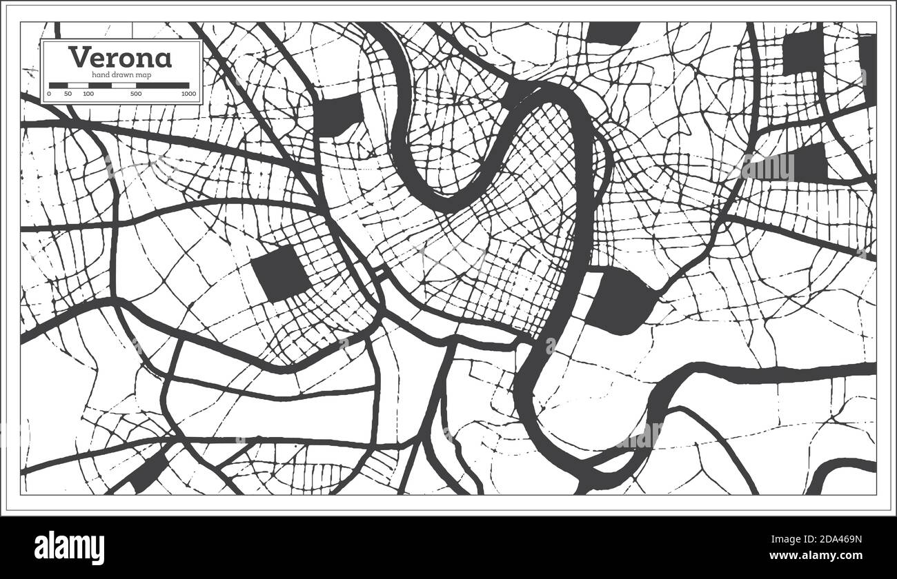 Verona Italien Stadtplan in Schwarz-Weiß-Farbe im Retro-Stil. Übersichtskarte. Vektorgrafik. Stock Vektor