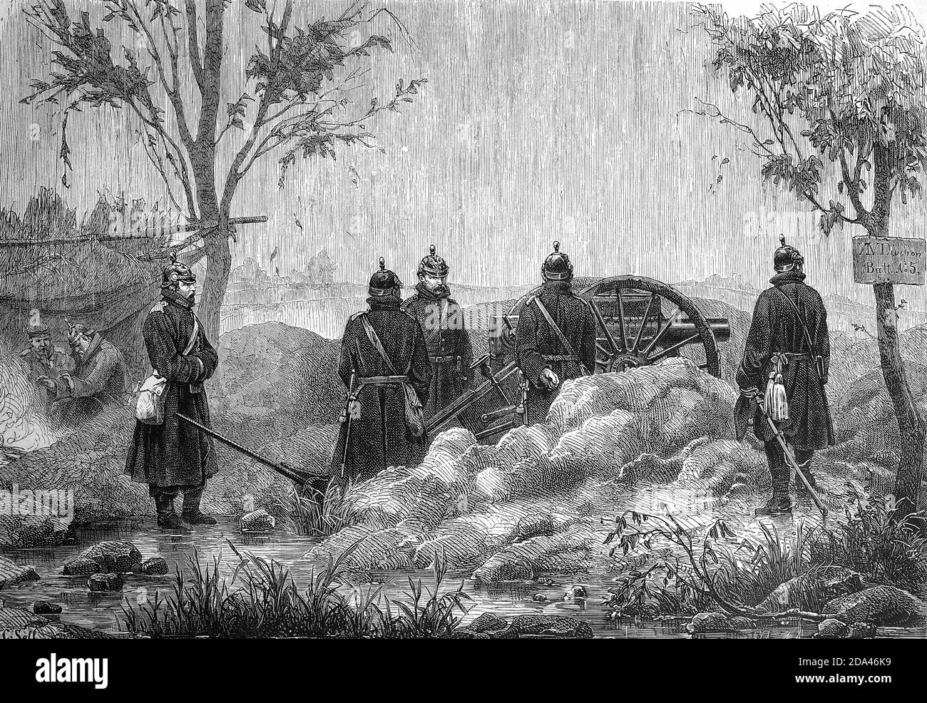 Soldiers with a gun in the Rain, near Metz, German-French war 1870-1871, France / Soldaten mit einem Geschütz im Regen, vor Metz, deutsch-französischer Krieg 1870-1871, Frankreich, Historisch, historisch, digital verbesserte Reproduktion eines Originals aus dem 19. Jahrhundert / digitale Reproduktion einer Originalvorlage aus dem 19ten Jahrhundert. Jahrhundert Stockfoto